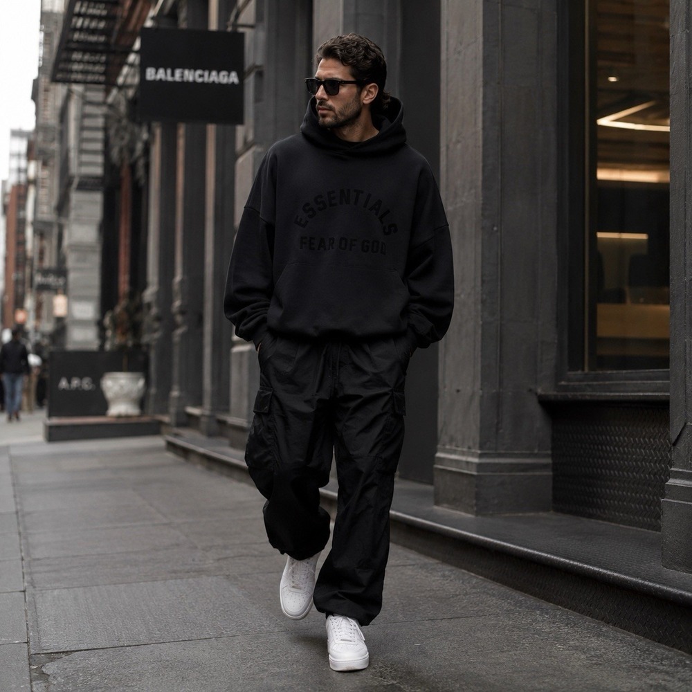 Fear Of God Essentials Heavyweight Hoodie L Sweatshirt Black Flocked Logo Big